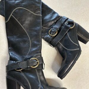 Luna Rose Black Leather Mid-Calf Buckle Heeled Boots